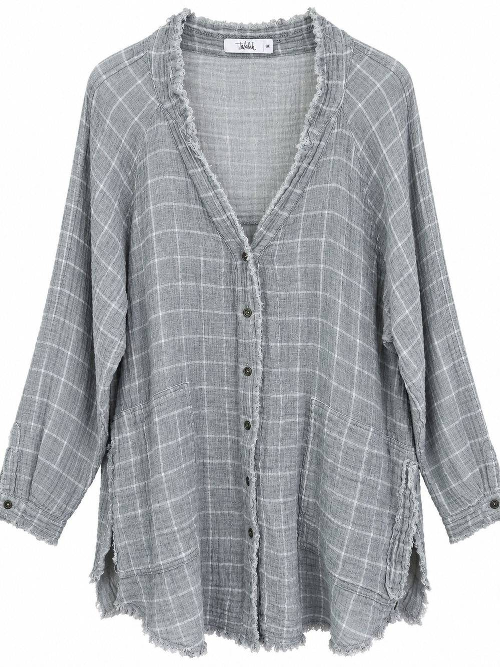 Talulah Light Gray Cotton Gauze Plaid Button-Front Tunic